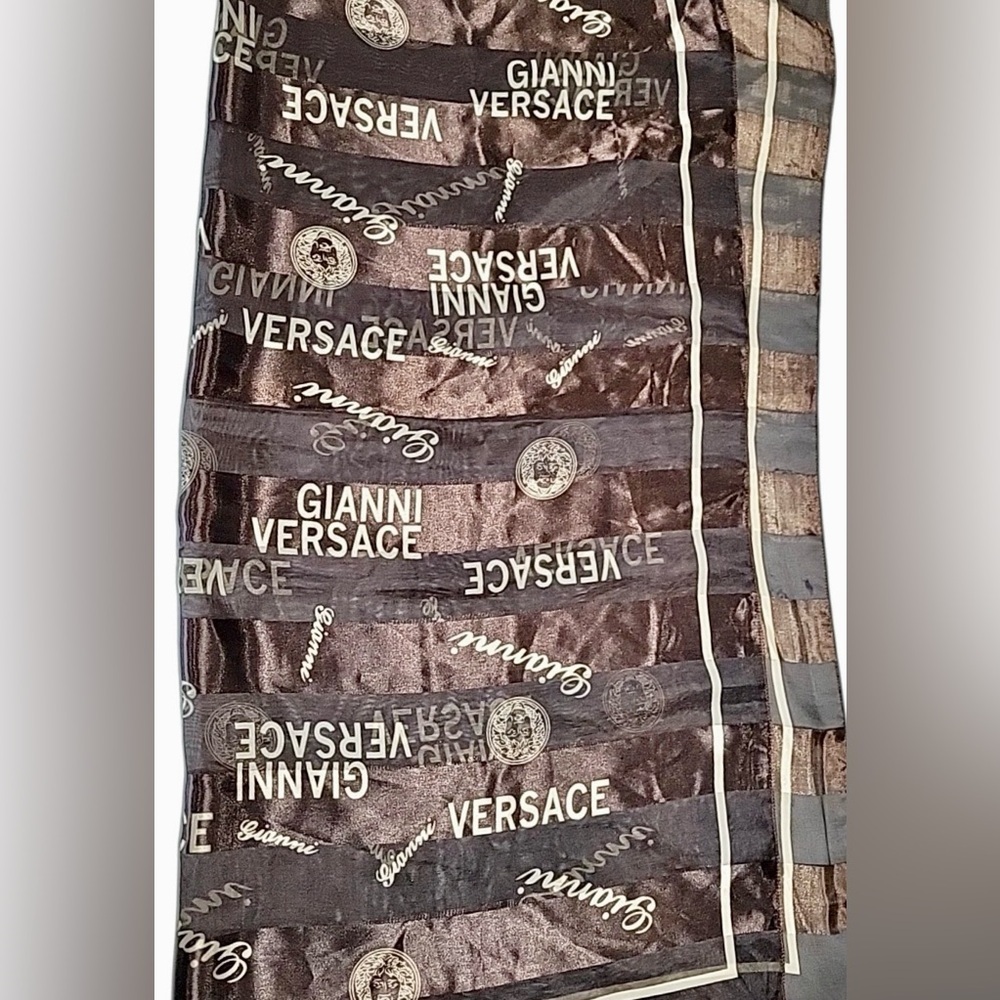 Versace Scarf Vintage 100% Silk Wrap Brown, Medusa Head Motif, 38” x 38” - Picture 5 of 7